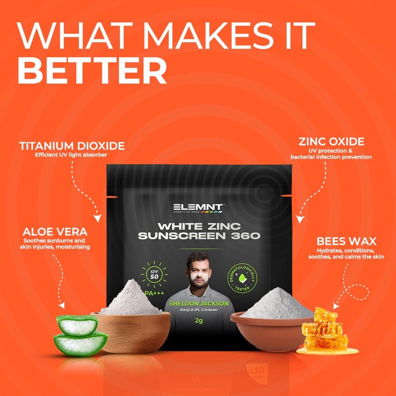 Elemnt White Zinc Sunscreen for Cricketers 2gm Sachet Sunscreen Cream SPF 50 Sweat Water Resistant Sunscreen Aloe Vera Scented 100 - Image 2