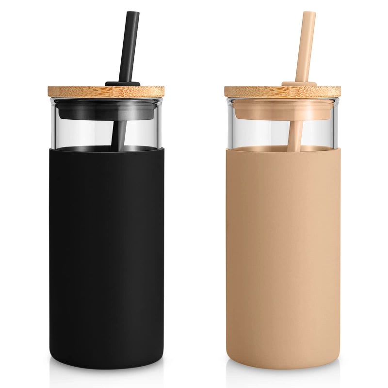 Tronco 20 oz Glass Tumbler with Lid and Straw, Iced Coffee Cup and Smoothie Cup with Bamboo Lids & Protective Silicone Sleeve, Dishwasher Safe, BPA-Free, Glass Cup 2 Pack - Image 1