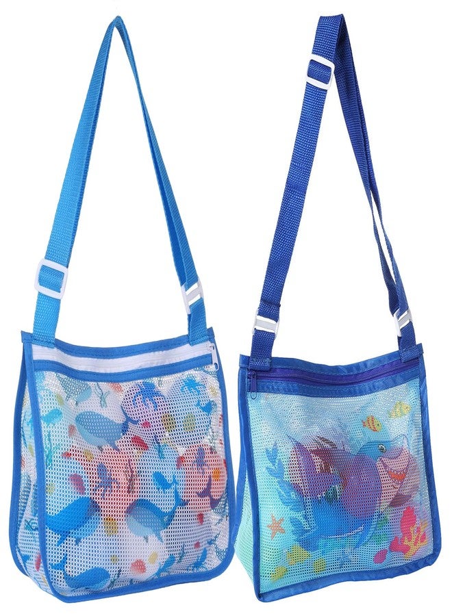 Hiflyer 2 Pack Seashell Mesh Bags with Zipper, Shell Bag for Sand Toys Mesh Bag for Toys, Beach Must Haves for Kids Beach Essentials (Dark Blue Shark + Navy Blue Whale) - Image 1