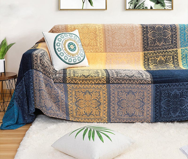 AIVIA Bohemian Throws Blanket Chenille Woven Colorful Recliner Chair Couch Throw Futon Furniture Cover Sofa Slipcover Bed Blanket wBoho Fringe  87 x 103 Large Oversized Teal Yellow