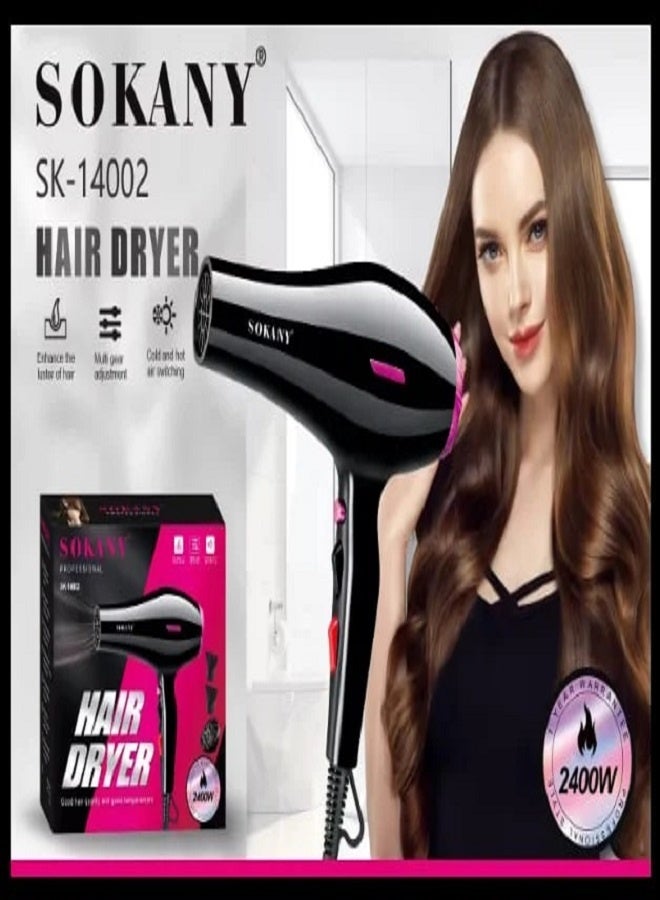 sokany SK-14002 Professional Hair Dryer 2400W with 3 Attachments, 2 Speeds & 2 Heat Settings, Hot & Cold Air, Hanging Loop, Enhances Hair Luster, Ergonomic Design for Salon & Home Use, Suitable for All Hair Types - Image 3