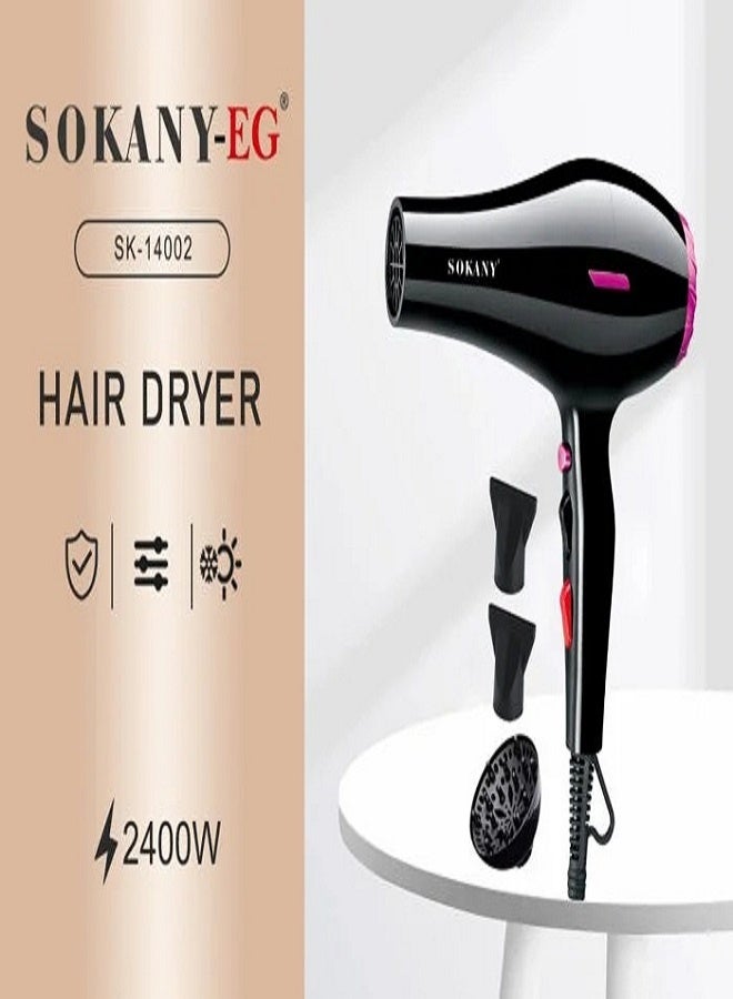 sokany SK-14002 Professional Hair Dryer 2400W with 3 Attachments, 2 Speeds & 2 Heat Settings, Hot & Cold Air, Hanging Loop, Enhances Hair Luster, Ergonomic Design for Salon & Home Use, Suitable for All Hair Types - Image 4