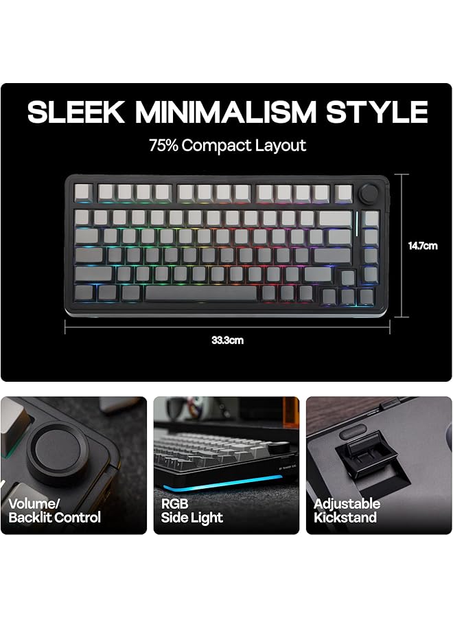 EPOMAKER Ea75 75% Rgb Gaming Mechanical Keyboard 2.4Ghz/Type C/Bt Creamy Wireless Keyboard With Knob Shine Through Pbt Keycaps Hot Swappable For Gamers (Black Gradient Graywood V3 Switch) - Image 4