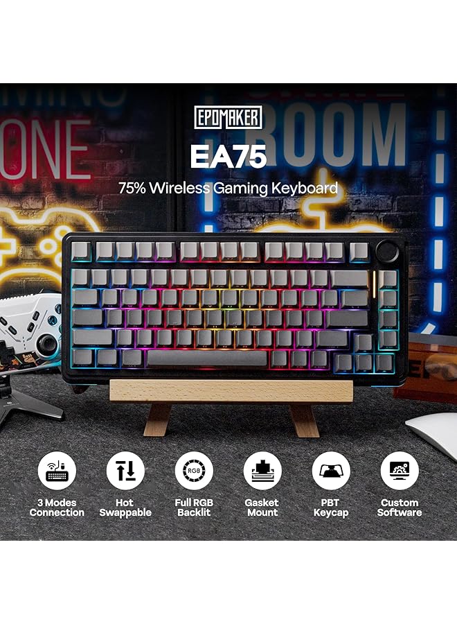 EPOMAKER Ea75 75% Rgb Gaming Mechanical Keyboard 2.4Ghz/Type C/Bt Creamy Wireless Keyboard With Knob Shine Through Pbt Keycaps Hot Swappable For Gamers (Black Gradient Graywood V3 Switch) - Image 2