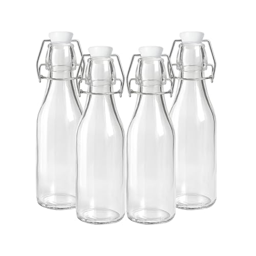 HENIJ 250ml Glass Bottle with Airtight Rubber Seal Flip Caps | Clear Swing Top Glass Beer Bottles for Home Brewing, Beverages, Water, Wine, Milk, Oil, Soda, Pack Of 4, Round - Image 1