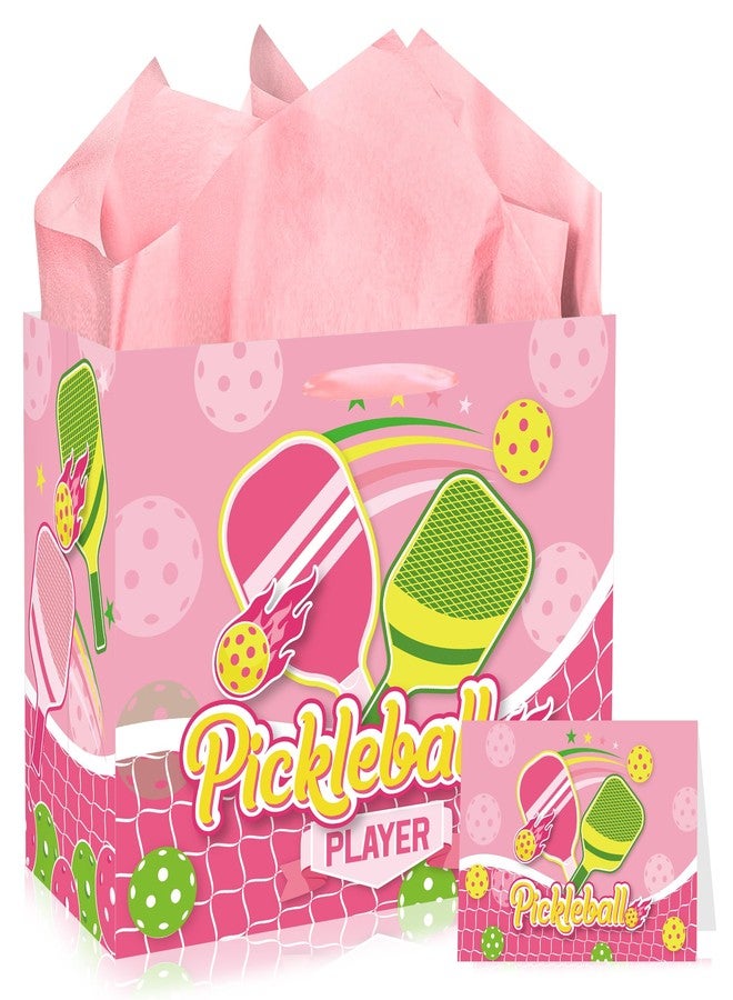 EoBeCy Pink Pickleball Gift Bag with Handles, Tissue Paper and Greeting Card, Sports Wrapping Paper for Pickleball Player Birthday Baby Shower Party Favors Decorations - Image 1