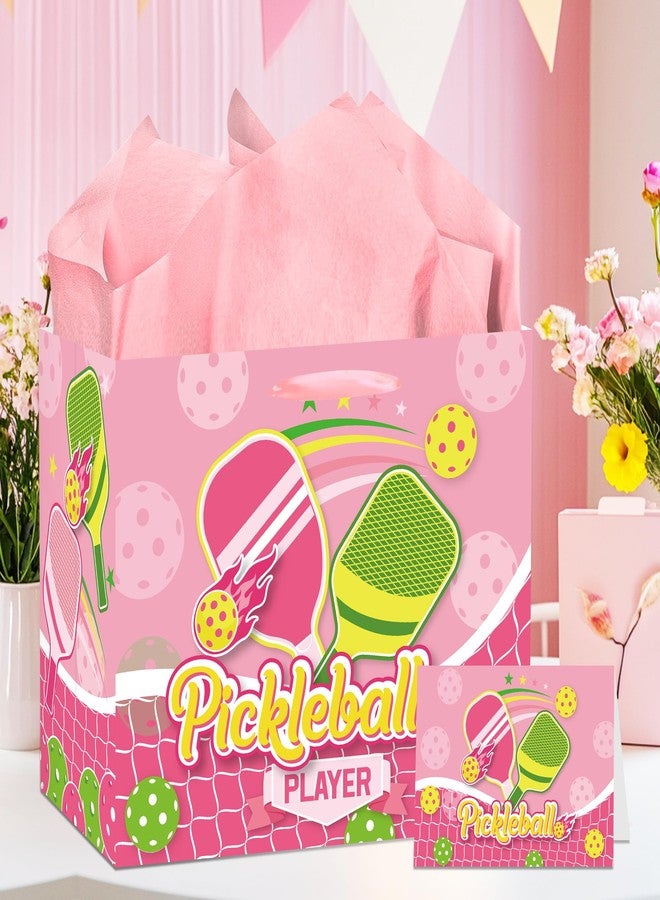 EoBeCy Pink Pickleball Gift Bag with Handles, Tissue Paper and Greeting Card, Sports Wrapping Paper for Pickleball Player Birthday Baby Shower Party Favors Decorations - Image 5