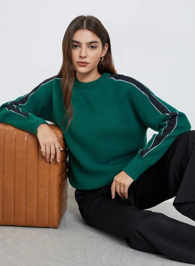 Styli Dark Green Regular Fit Sweater with Side Striped