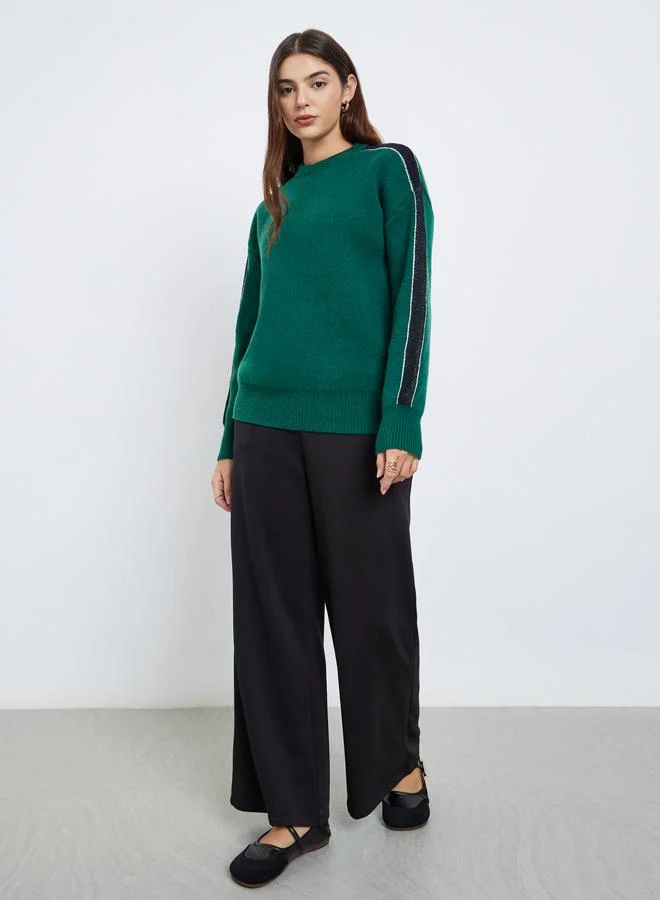 Styli Styli Dark Green Regular Fit Sweater with Side Striped
