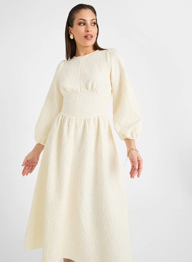 Styli Floral Textured Fit and Flare A-Line Midi Dress