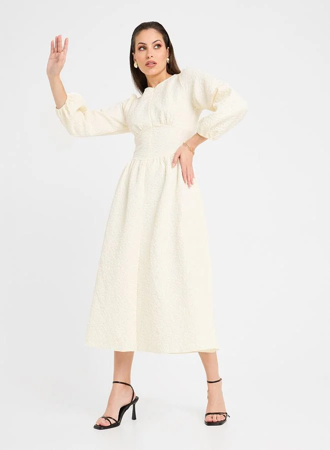 Styli Floral Textured Fit and Flare A-Line Midi Dress