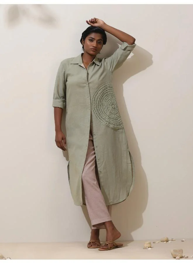 ترو برونز trueBrowns Fern Green Crochet Natural Cotton Kurta Pant Set