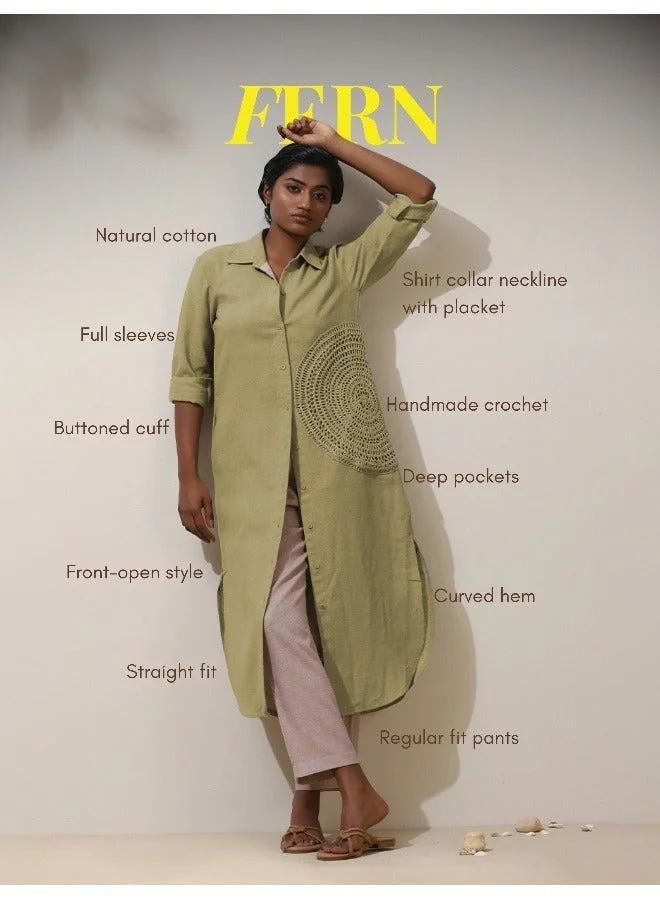 ترو برونز trueBrowns Fern Green Crochet Natural Cotton Kurta Pant Set