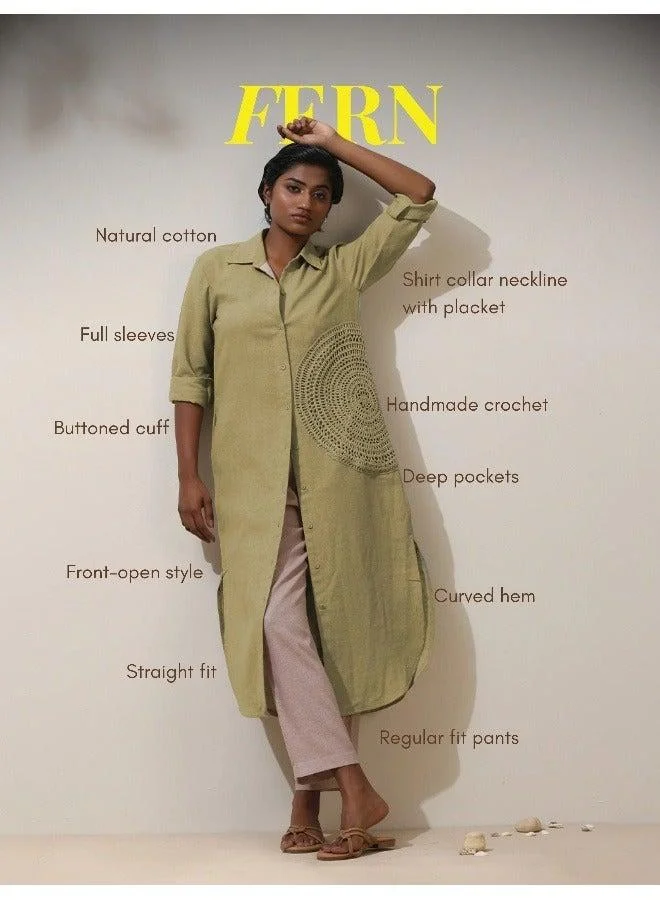 trueBrowns trueBrowns Fern Green Crochet Natural Cotton Kurta Pant Set