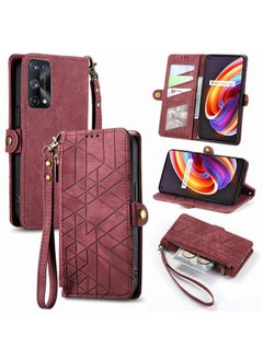 HuHa Case Cover For Realme X7 Pro Geometric Zipper Wallet Side Buckle Leather Phone Case Red 