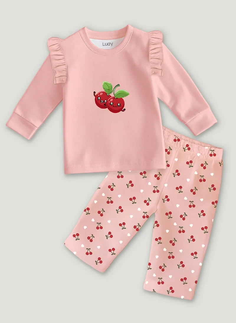 لؤي لؤي® طقم مطبوع بتصميم الكرز من القطن بنسبة 100% | أزياء فائقة النعومة، أنيقة وراقية | تيشيرت بأكمام طويلة وبنطال مريح - وردي فاتح