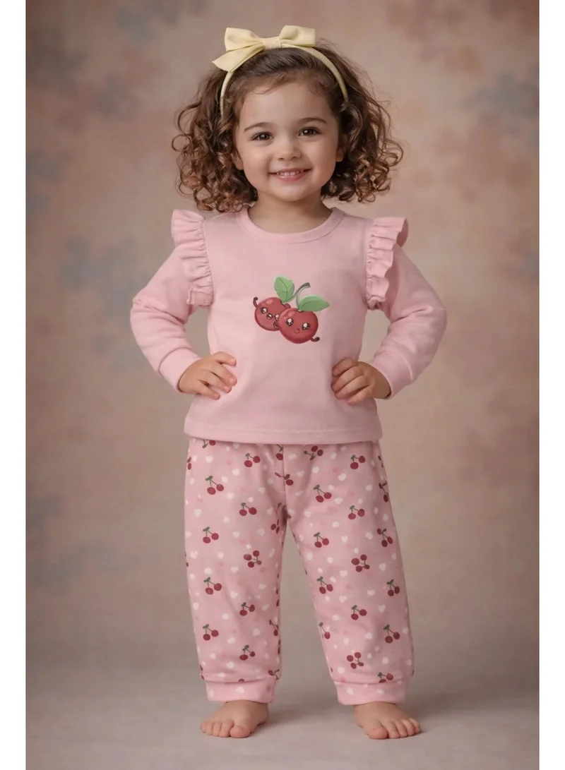 لؤي لؤي® طقم مطبوع بتصميم الكرز من القطن بنسبة 100% | أزياء فائقة النعومة، أنيقة وراقية | تيشيرت بأكمام طويلة وبنطال مريح - وردي فاتح