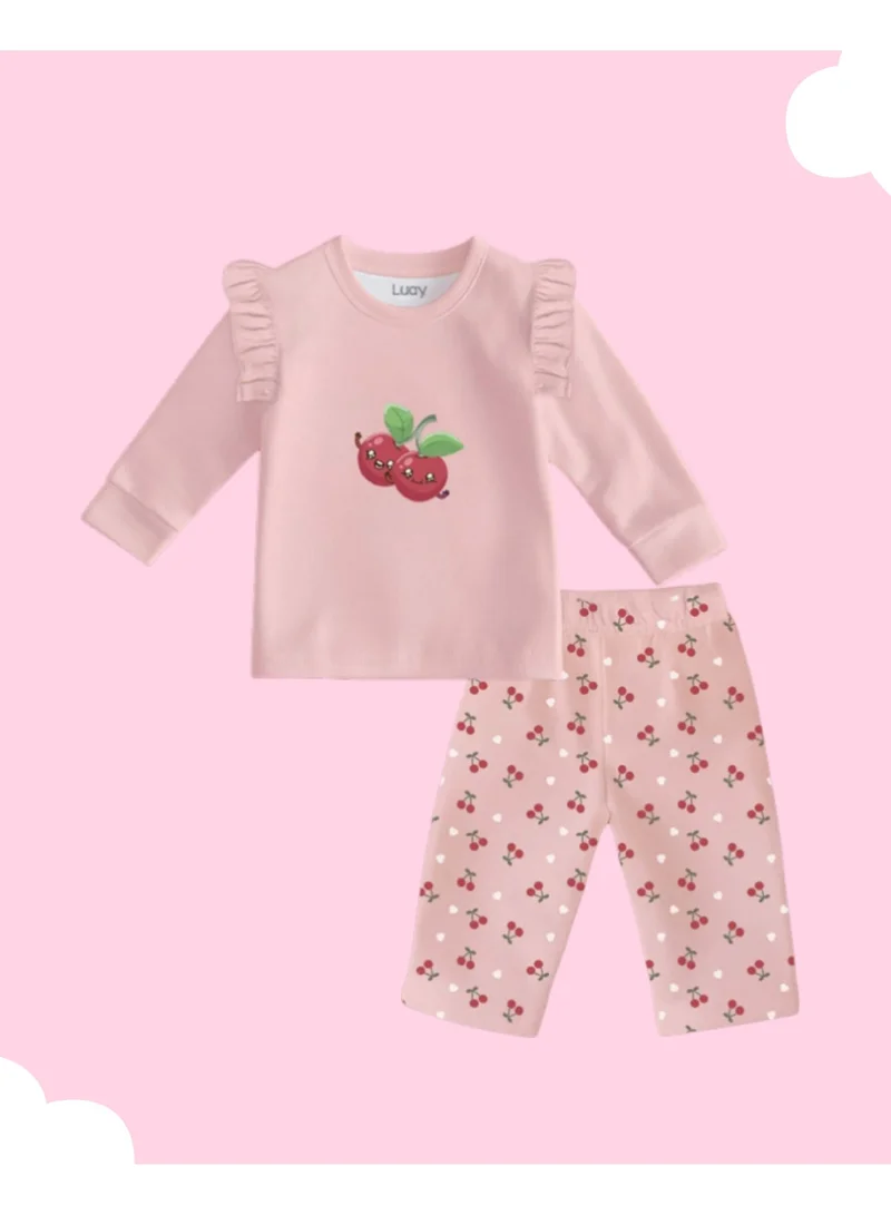 Luay  Luay® 100%  Cotton Cherry Printed Co-ord Set | Ultra-Soft Stylish & Classy Oufits | Full-Sleeve T-Shirt & Comfy Pants - Blush Pink for Women | Best Price UAE