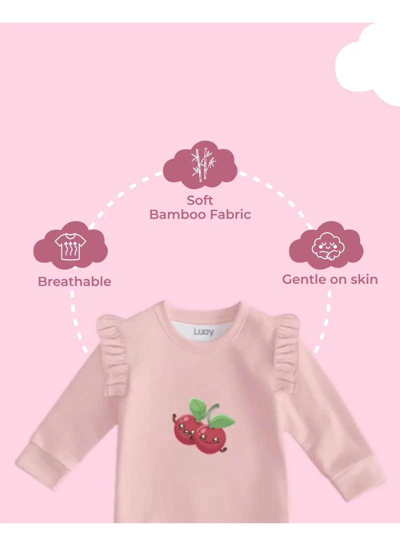 Luay  Luay® 100%  Cotton Cherry Printed Co-ord Set | Ultra-Soft Stylish & Classy Oufits | Full-Sleeve T-Shirt & Comfy Pants - Blush Pink for Women | Best Price UAE