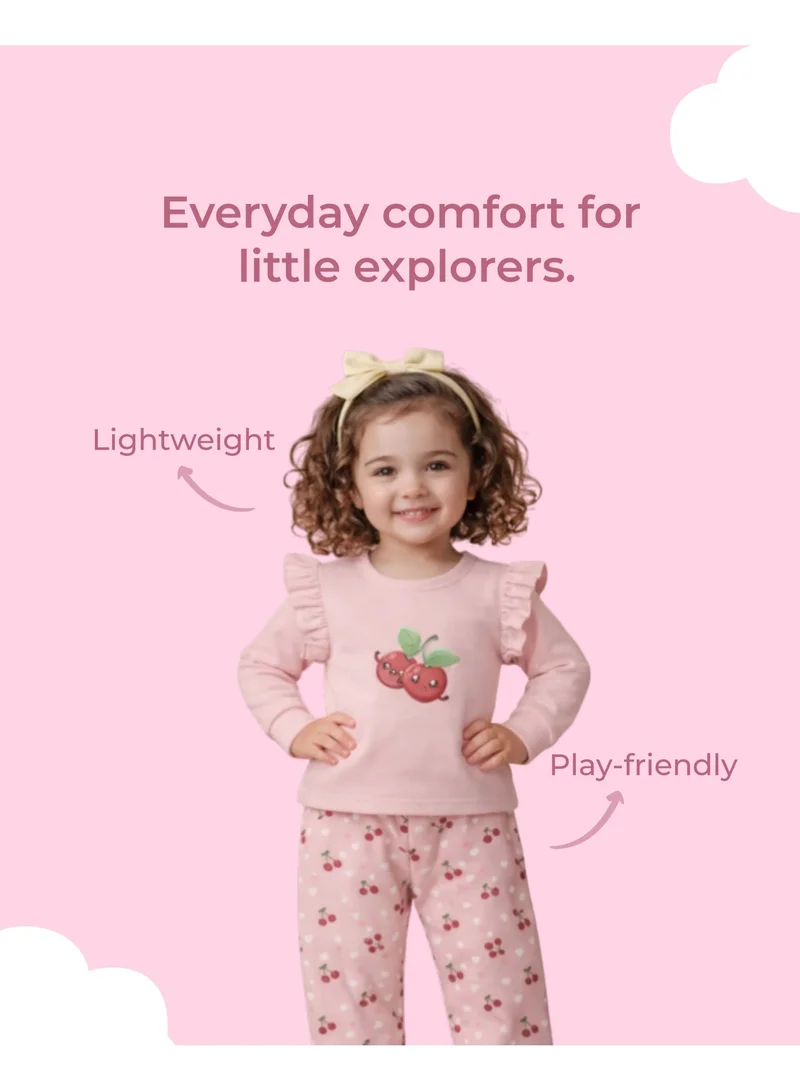 لؤي لؤي® طقم مطبوع بتصميم الكرز من القطن بنسبة 100% | أزياء فائقة النعومة، أنيقة وراقية | تيشيرت بأكمام طويلة وبنطال مريح - وردي فاتح