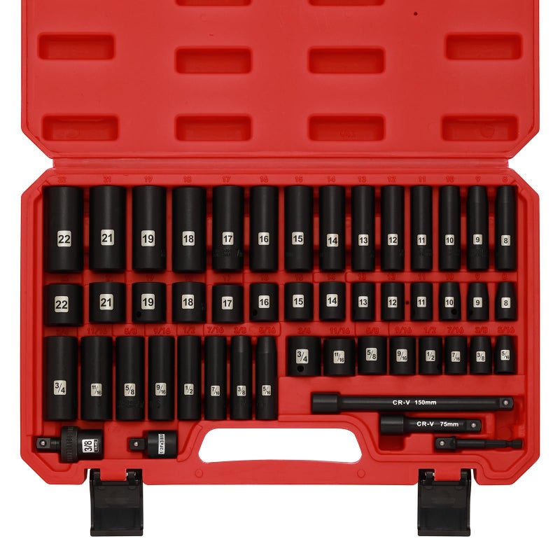 Mayouko 49 Pieces 38 Drive Impact Socket Set 51634 822MM SAEMetric 6 Point CRV Includes Extension Bar Adapter Universal Joint