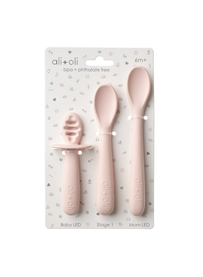 Ali+Oli (3pc) Silicone Spoon Set for Baby (Blush) Unbreakable Silicone Baby Spoon, Baby Spoons Self Feeding 6 Months & Up, Self Feeding Baby Utensils, Multi-stage Baby Feeding Spoon, Ergonomic Design - Image 1