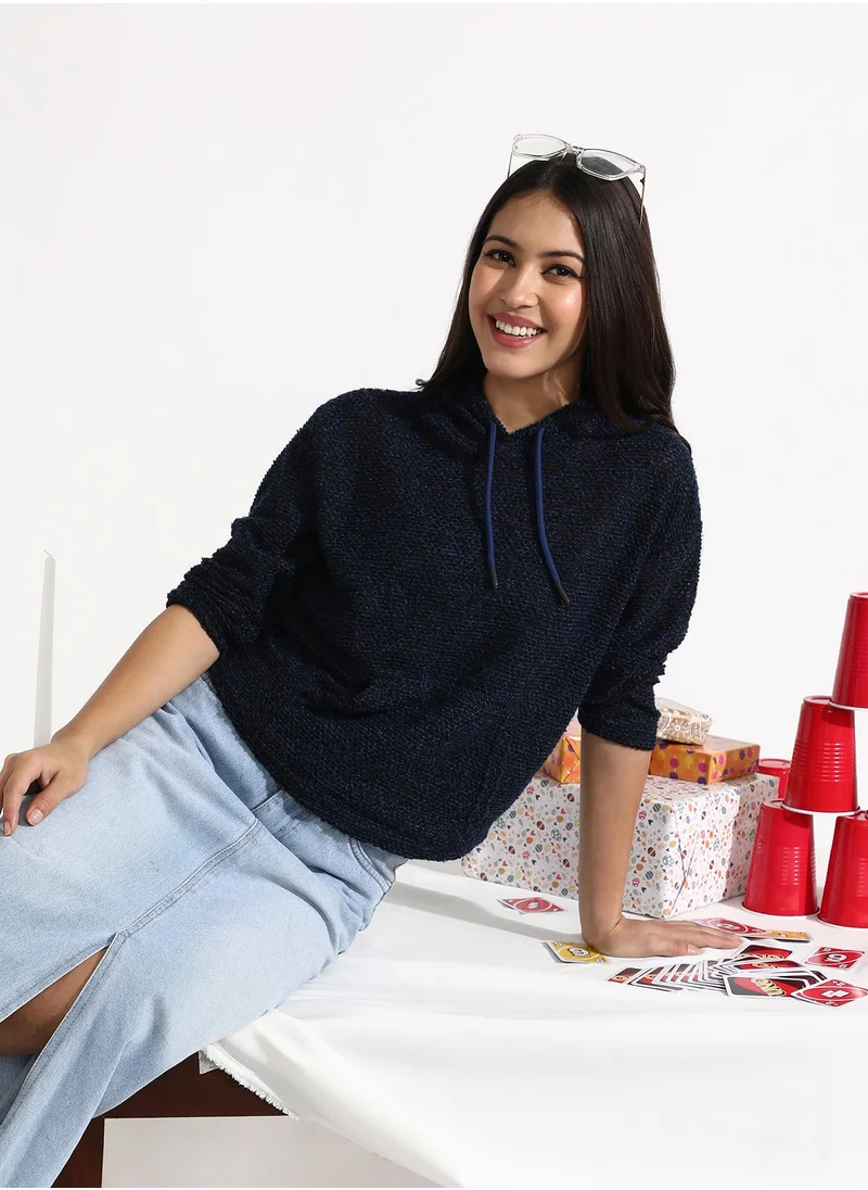 كامبوس سوترا Women's Navy Blue Texture Knitted Hoodie With Kangaroo Pockets