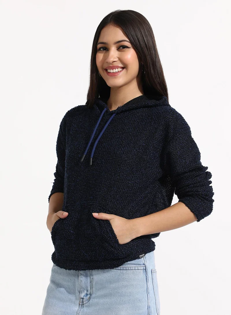 Campus Sutra Women's Navy Blue Texture Knitted Hoodie With Kangaroo Pockets