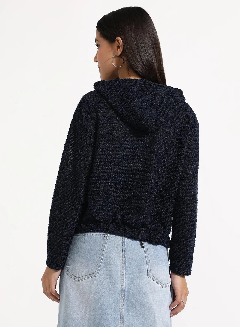 Campus Sutra Women's Navy Blue Texture Knitted Hoodie With Kangaroo Pockets