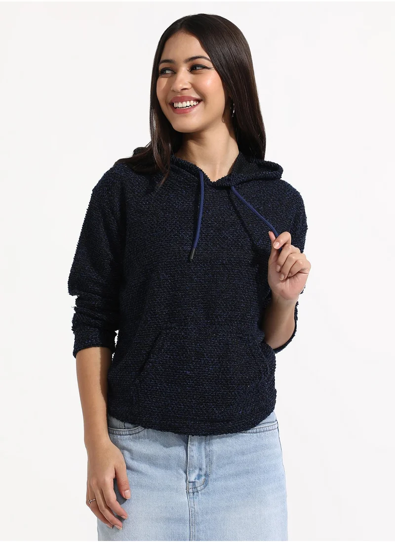 كامبوس سوترا Women's Navy Blue Texture Knitted Hoodie With Kangaroo Pockets