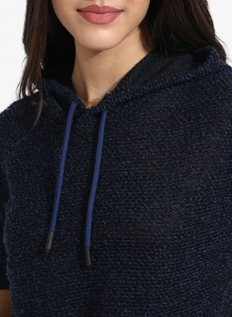 Campus Sutra Women's Navy Blue Texture Knitted Hoodie With Kangaroo Pockets