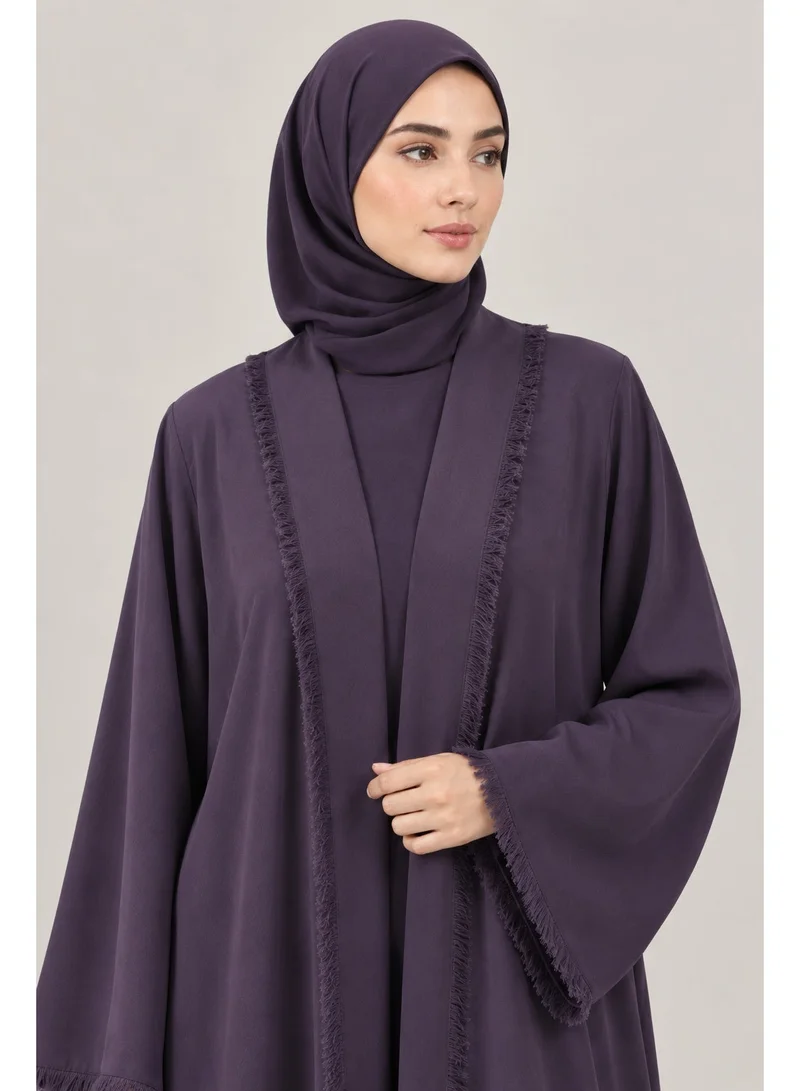 نيونس طقم عباية نسائي من قطعتين، بنفسجي برقوقي داكن، قماش نيدا كوري، مفتوح من الأمام مع حواف بشراشيب