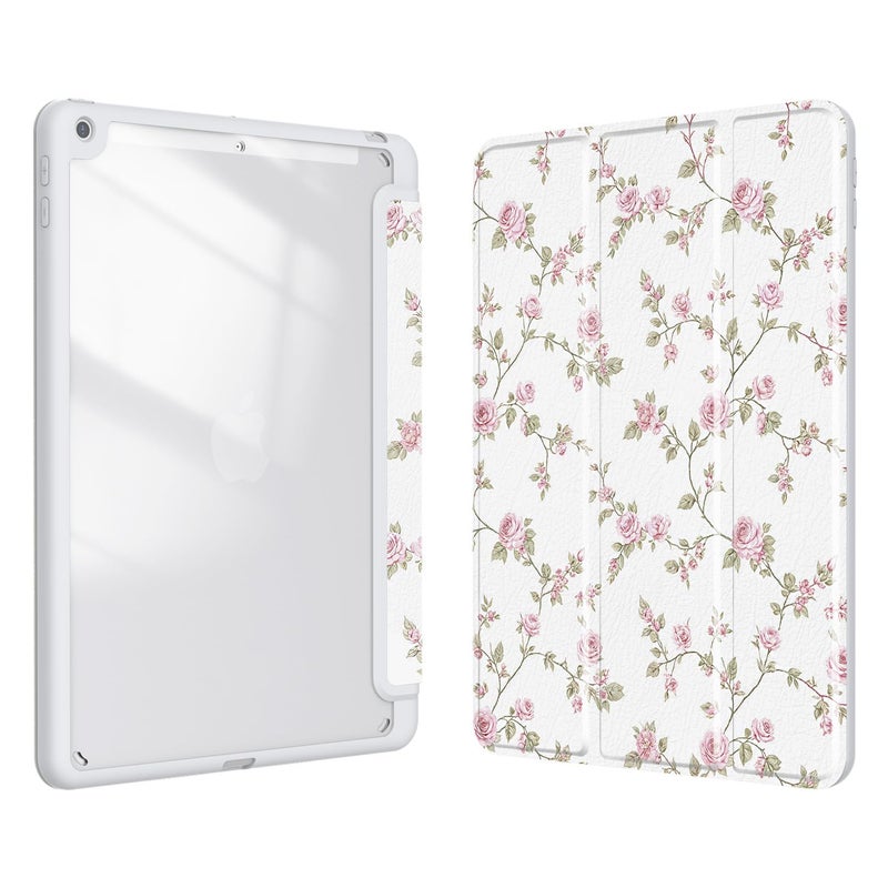 Xkladz Case for iPad 9th / 8th / 7th Generation (2021/2020/2019) 10.2 inch, Case with Pencil Holder, Stand Clear Back Cover Cute Cool Design for Women Girls, Auto Sleep/Wake, Pink Flower - Image 1