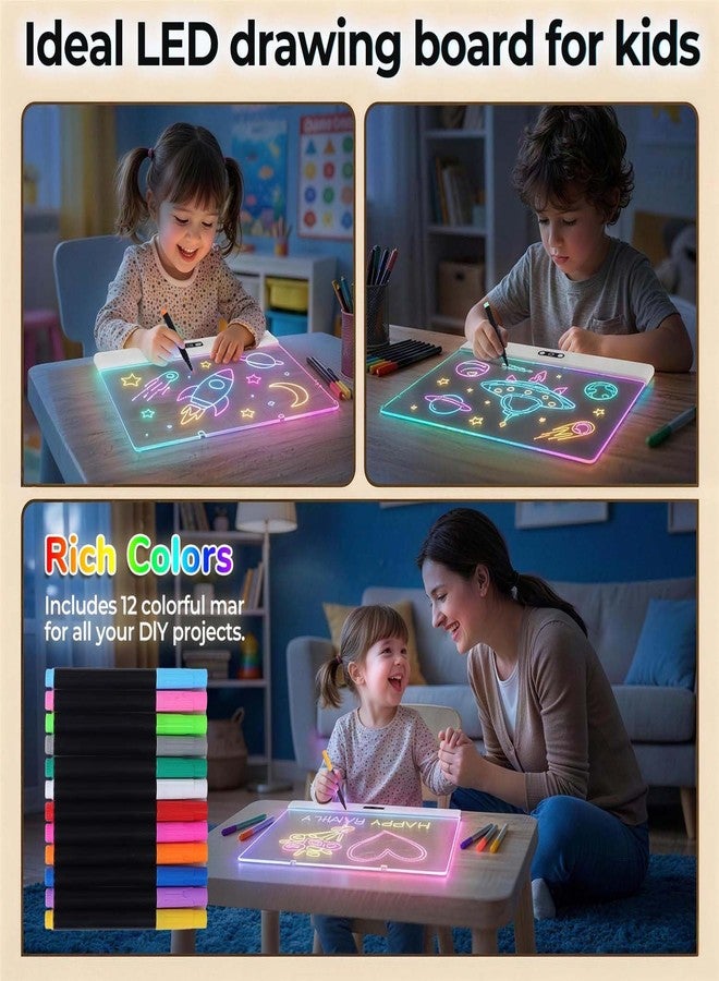 لوحة رسم LED قابلة لإعادة الشحن للأطفال، لوحة مضيئة مقاس 16 بوصة مع 11 وضع إضاءة، لوحة ملاحظات LED ملونة، هدية لوحة إضاءة محمولة للأطفال/الفتيات/المراهقين لأعياد الميلاد والكريسماس، 12 قلم تلوين - Image 2
