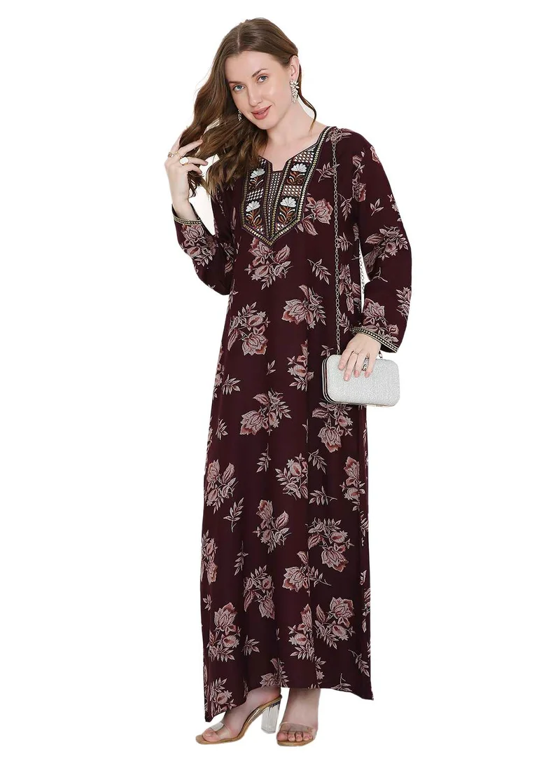 HANA & SARA THREAD-EMBROIDED ARABIC KAFTAN JALABIYA DRESS PRINTED WITH AN ELEGANT CASUAL LONG DESIGN