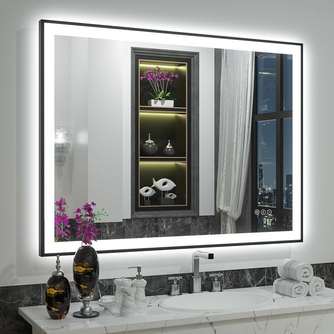 40X32 LED LIGHTED BATHROOM MIRROR DIMMABLE FRAMED VANITY MIRROR WITH LIGHTS BACKLIT AND FRONT LIGHTED MIRROR FOR WALL ANTIFOGHORIZONTALVERTICAL