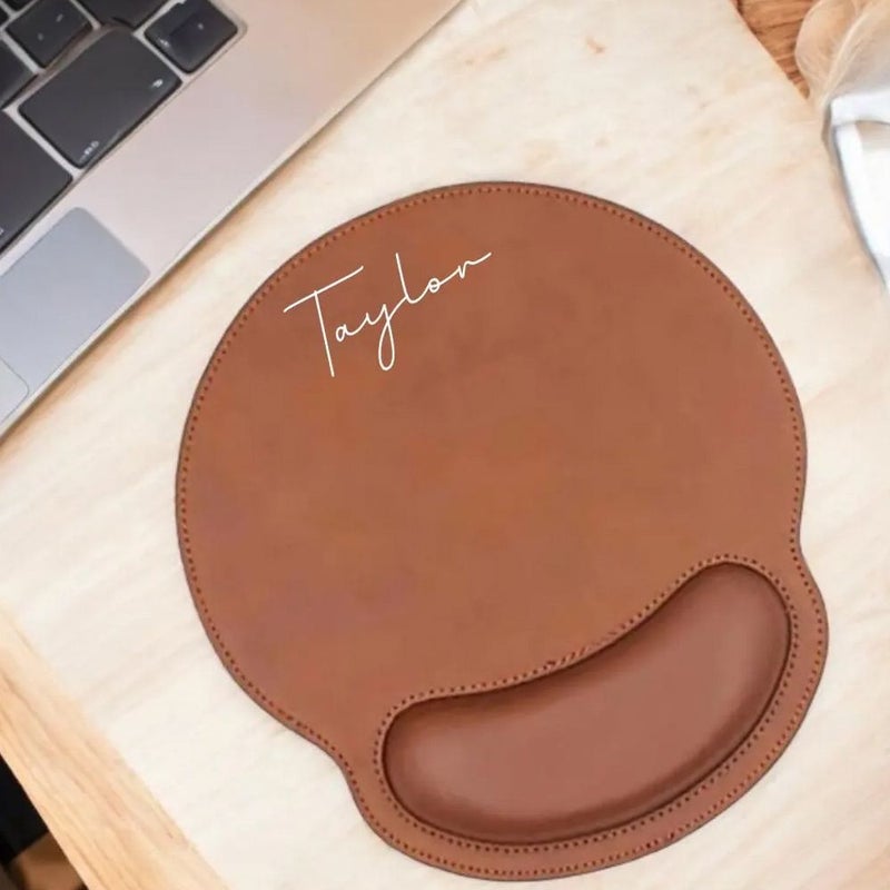 Brown Handcrafted Oval Shaped Faux Leather Mouse Pad With Wrist Rest Ergonomic Computer Mouse Pad For Office Desktop Laptop - Image 4