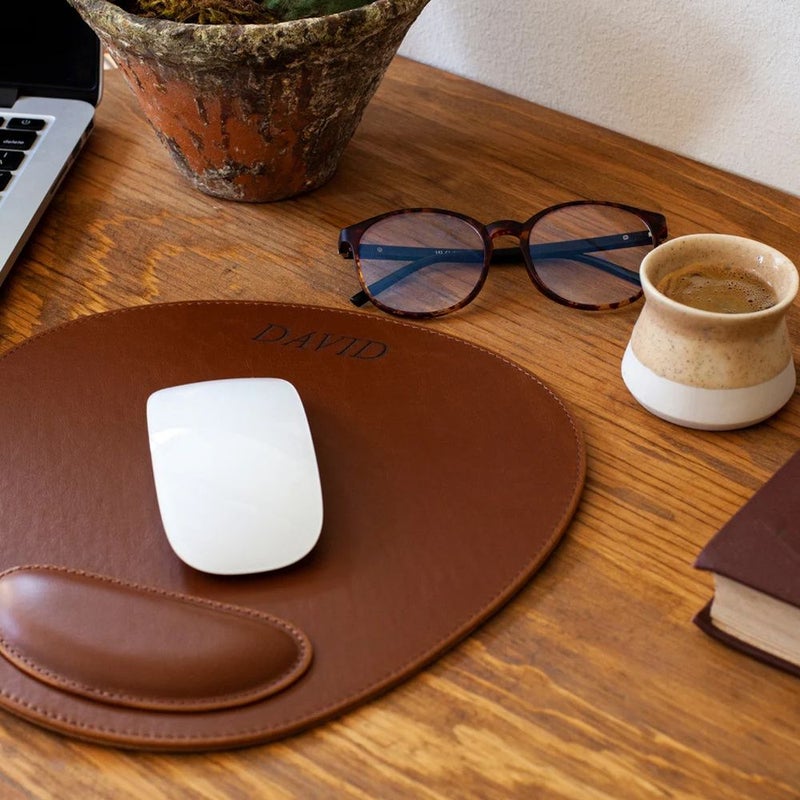 Brown Handcrafted Oval Shaped Faux Leather Mouse Pad With Wrist Rest Ergonomic Computer Mouse Pad For Office Desktop Laptop - Image 2