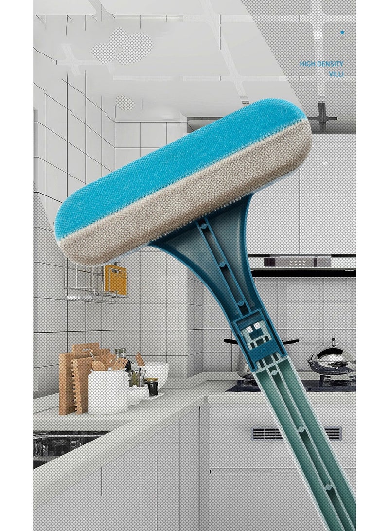 هومستر لا إزالة تنظيف الزجاج الأزرق 2-في -1 فرشاة الزجاج المقبض الممتد للزجاج عالي الارتفاع/الشاشات ثنائية الرأس + تصميم الألياف الدقيقة 180 درجة آلية التدوير في مجرى خالي من الشقوق وخالي من الخيط في الداخل والخارج استخدام هذا المقبض يجب أن يكون لأغطية سكان الشقق تجفيف سريع وسهل للتنظيف - Image 2