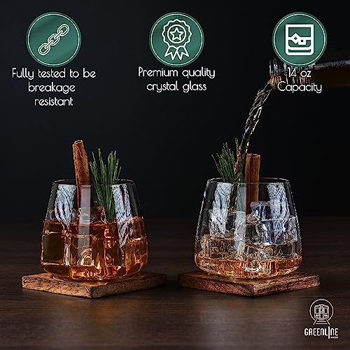 Greenline Goods Whiskey Glasses Set | Large 14 oz Crystal Glass | Hand Blown Set of 2 - Uniquely Designed Bourbon & Scotch Tasting Glasses - Old Fashioned Cocktail Rocks Wisky Glasses - Image 3