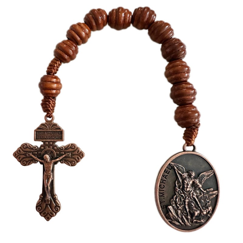 Bovemee Saint Michael Archange Pocket Rosary Easter Giftï¼ŒHandmade Wooden Rodary Beads Necklace, Catholic Rosaries, Christian Prayer Cross For Men - Image 1