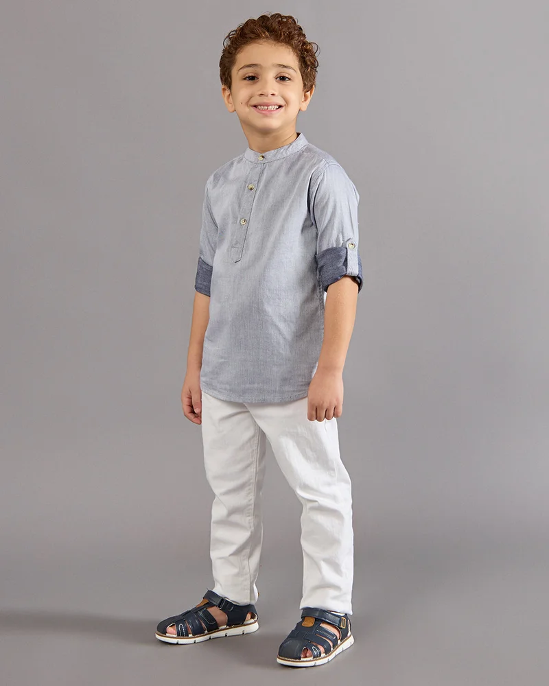 REDTAG Boys Blue Mandrain Collar Kurta Shirt