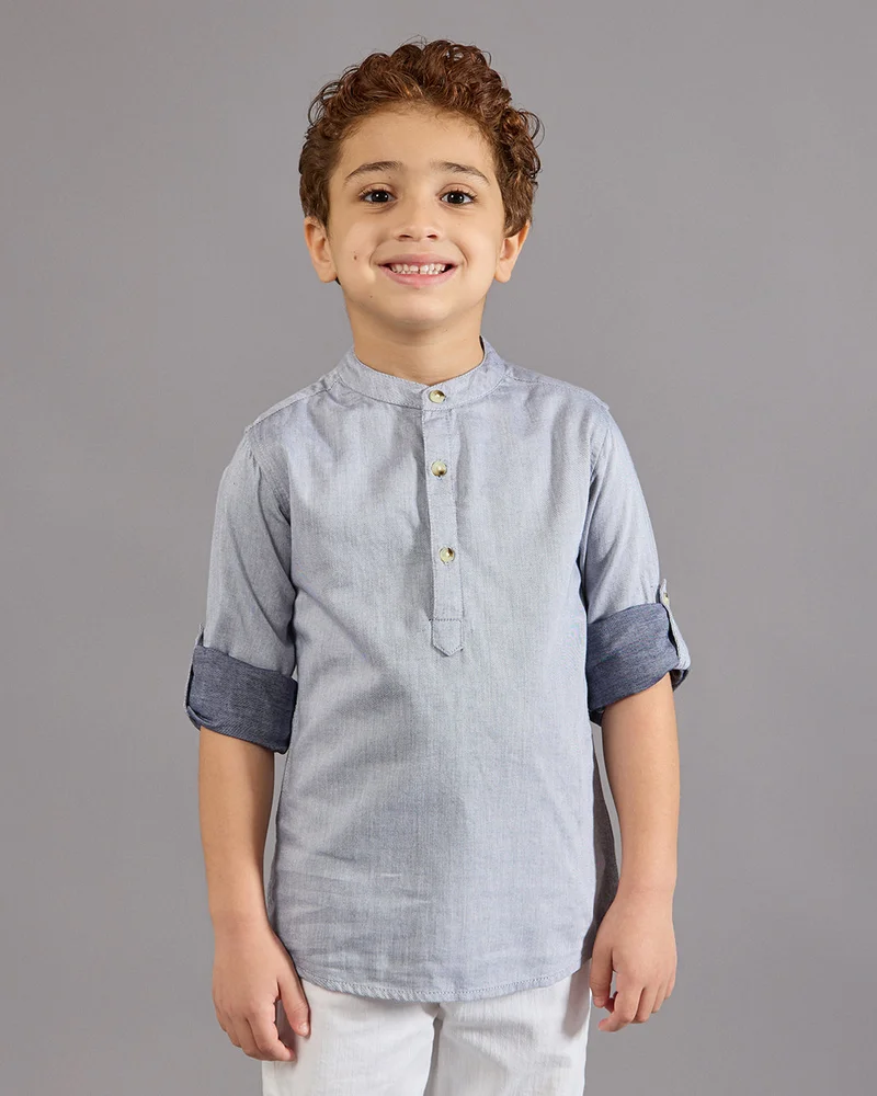 REDTAG Boys Blue Mandrain Collar Kurta Shirt