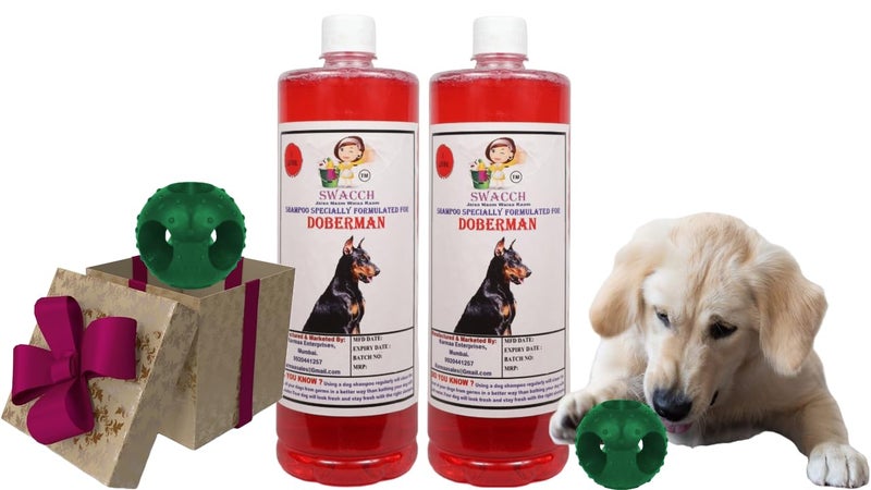 Swacch Pet Shampoo | Puppy Safe Shampoo | PH Balanced | Ditch to Itch for Doberman Dog Shampoo 2 Litre (Strawberry) + Goofy Ball Chew Toy Combo Pack - Image 1