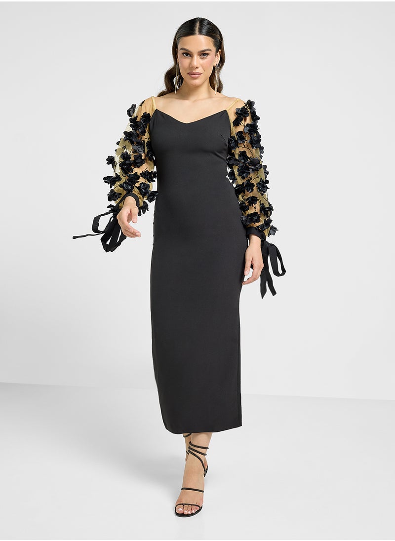 Threadz by Ajooni - Floral Applique Sleeve Bardot Dress - Image 1