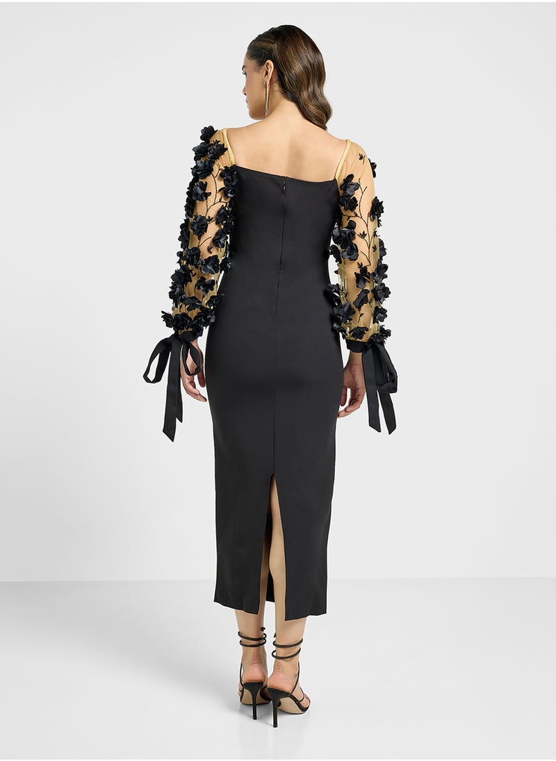Threadz by Ajooni - Floral Applique Sleeve Bardot Dress - Image 1