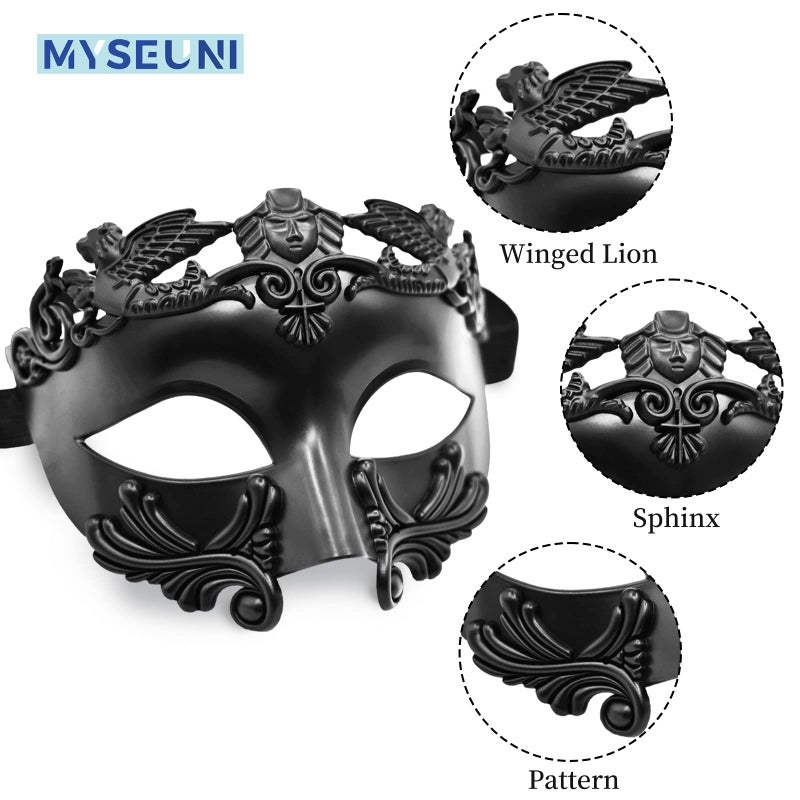 MYSEUNI Black Masquerade Mask for Men - Greek Mythological Roman Mask - Venetian Half Face Mask for Mascarade Ball Halloween Party Mardi Gras Masks Costume - Image 2