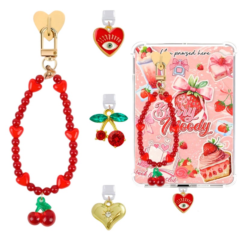 TAKEALOOKO Dust Plug Charm Chains for Kindle - 4Pcs Red Evil Eye Cherry Phone Charms Bracelets with Type-C Dust Plug Kit for kindle Decorating Accessories, Gift for E-Reader Book Lovers - Image 1
