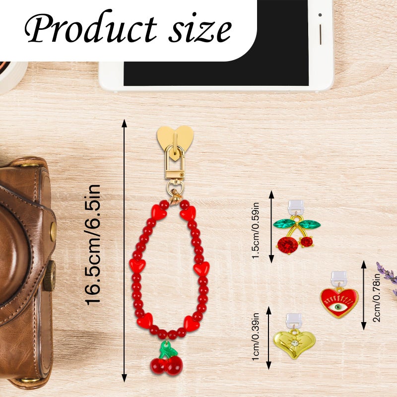 TAKEALOOKO Dust Plug Charm Chains for Kindle - 4Pcs Red Evil Eye Cherry Phone Charms Bracelets with Type-C Dust Plug Kit for kindle Decorating Accessories, Gift for E-Reader Book Lovers - Image 5