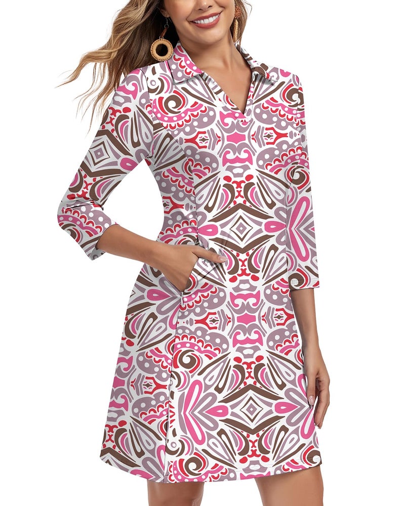 WOWENY 3/4 Sleeve Dress for Women with Pockets V Neck UPF 50+ Casual Sun Dress Breathable Quick Dry Beach Vacation (Pink Pattern, L) - Image 5